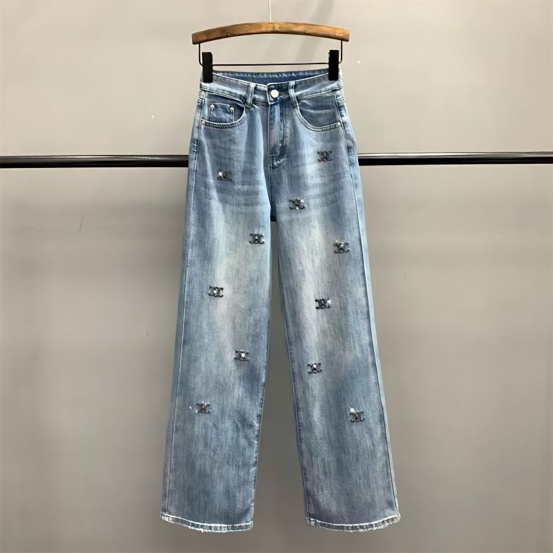 Letter embroidery Hot Diamond Denim Wide leg Trousers Women's 2025 New High wais