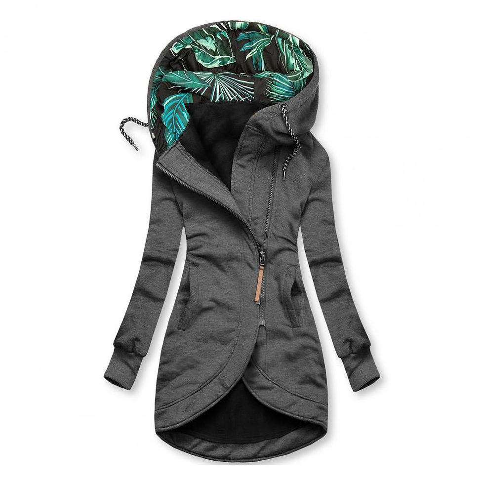الصورة المصغرة: Casual Women Coat Leaves Print Hooded Long Sleeve Pockets Zipper Drawstring Card