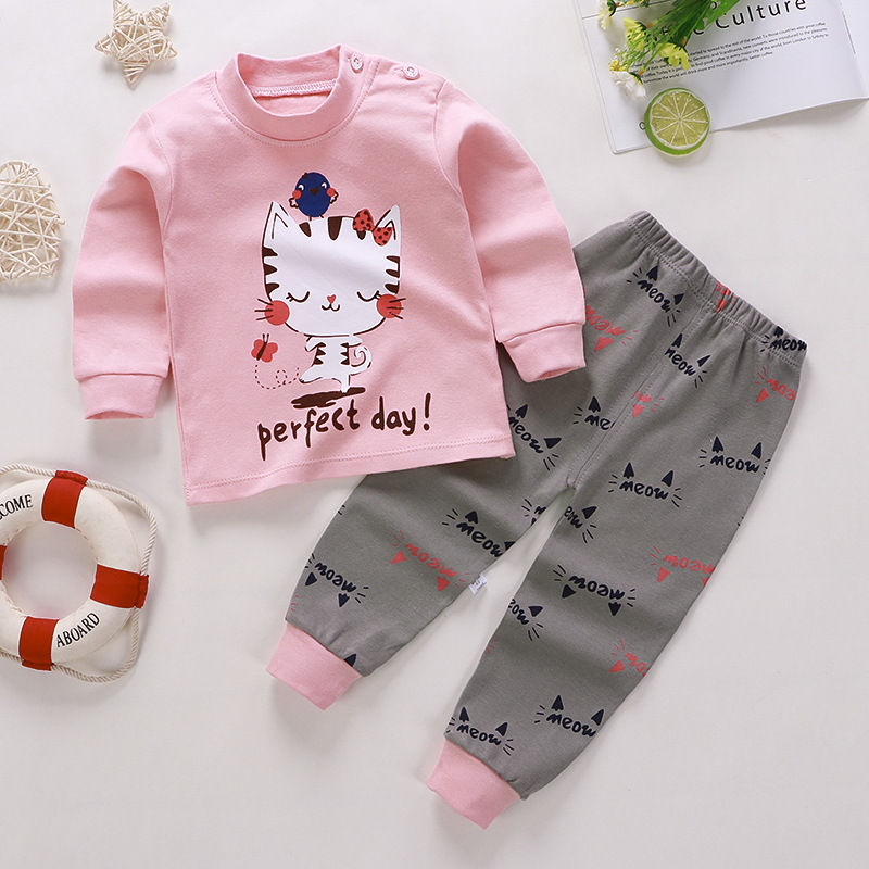 Boys Girls Sleepwear Kids Unisex Casual Pajama Suit Cartoon Print Long Sleeve To