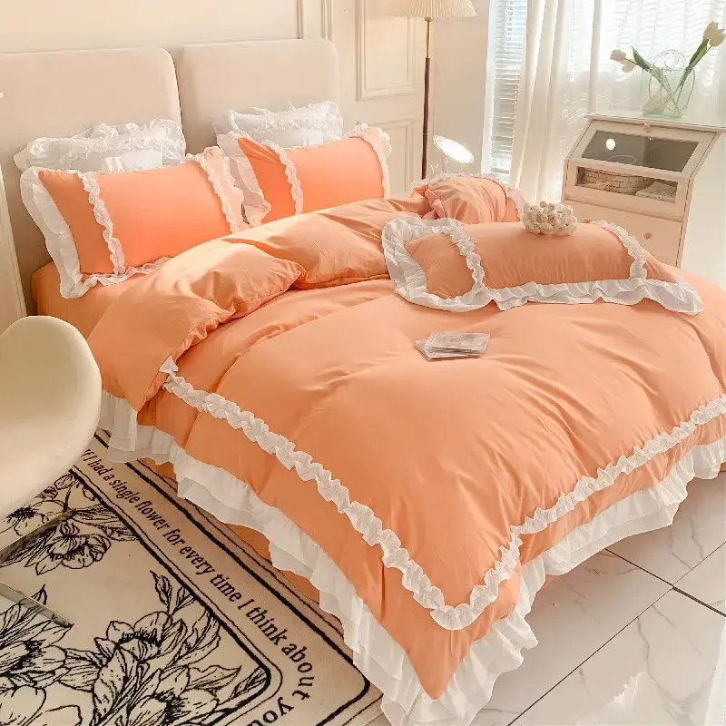 Thumbnail: Elegant Lace Bedding Sets Luxury Bed Linen Princess Washed Cotton Ruffle Duvet C