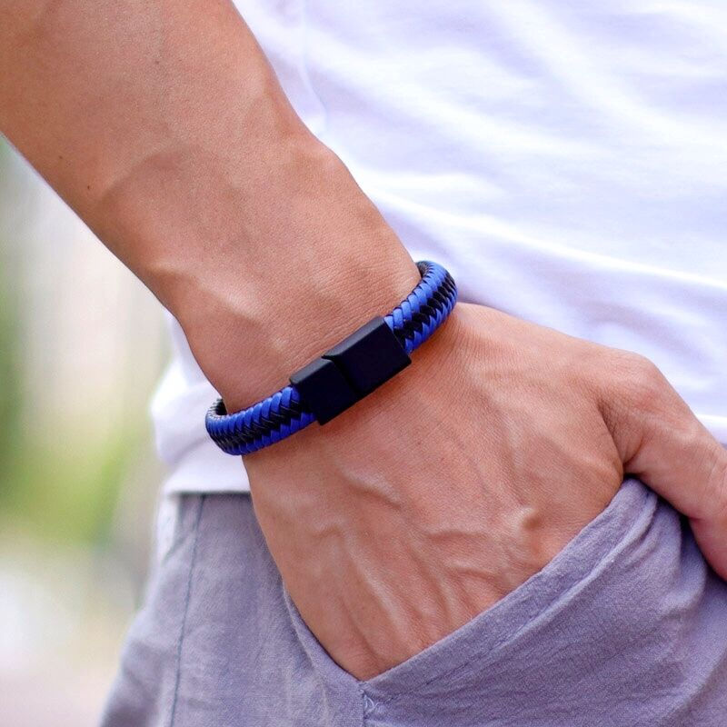 الصورة المصغرة: Noter Men Leather Bracelet Bangle Black Braided Magnetic Clasp Punk Braclet Homm
