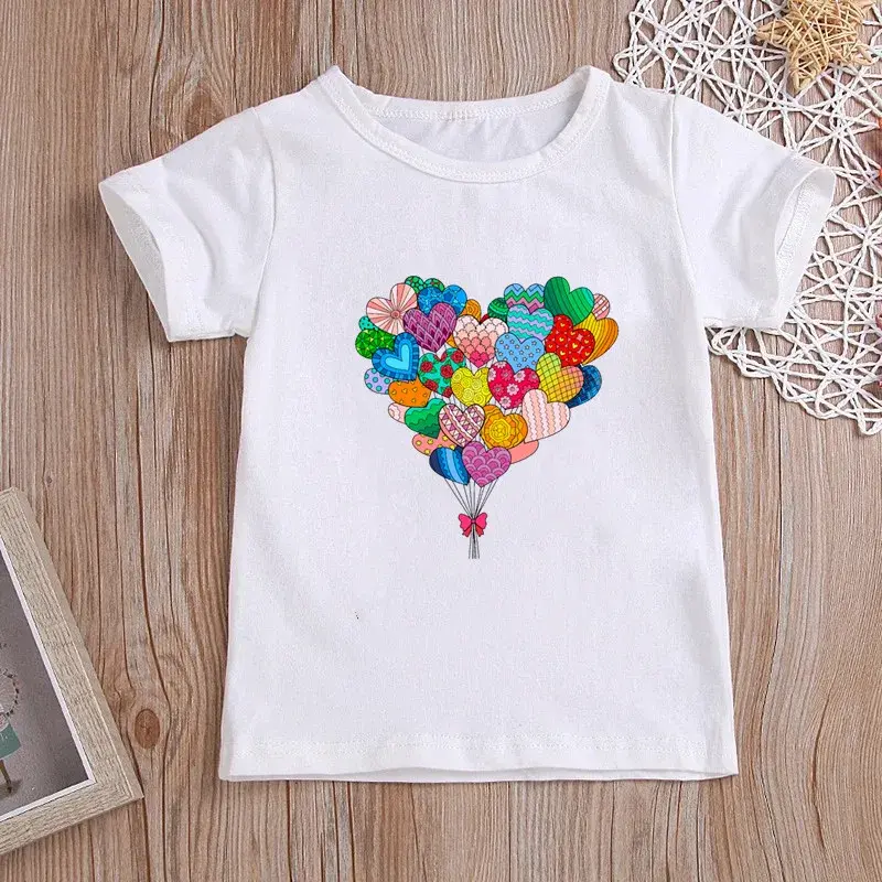 Kawaii Heart Balloon T-shirts for Girls Summer Kids Clothes Girls Tops White Sho