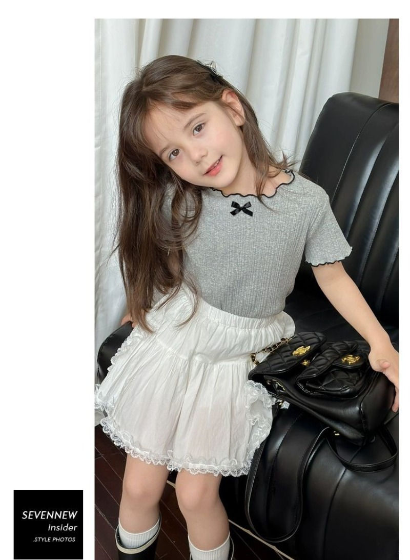 الصورة المصغرة: 1-12Y Girl's Shirts Korean-style Knitted Lace-Trimmed Short-Sleeve Summer Ruched