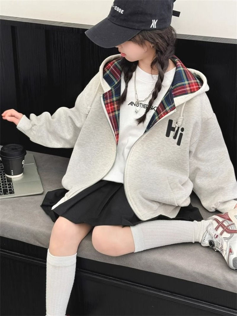 الصورة المصغرة: Girls' 2025 New Spring & Summer Mid-Large Korean Checkered Hooded Sweatshirt Ver
