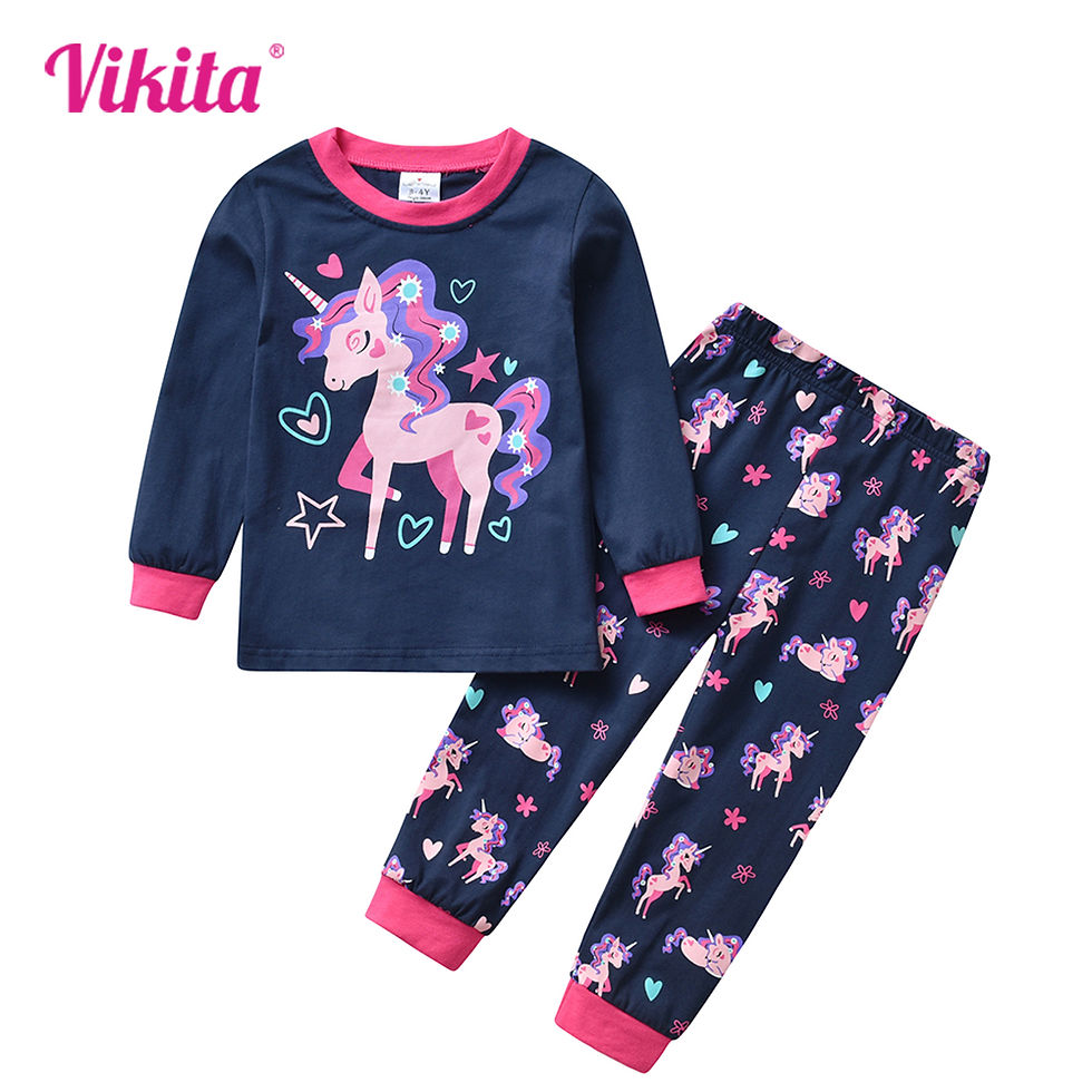 VIKITA 2Pcs Children Pajamas T-shirts Pants Set Girls Unicorn Cotton Clothes Win
