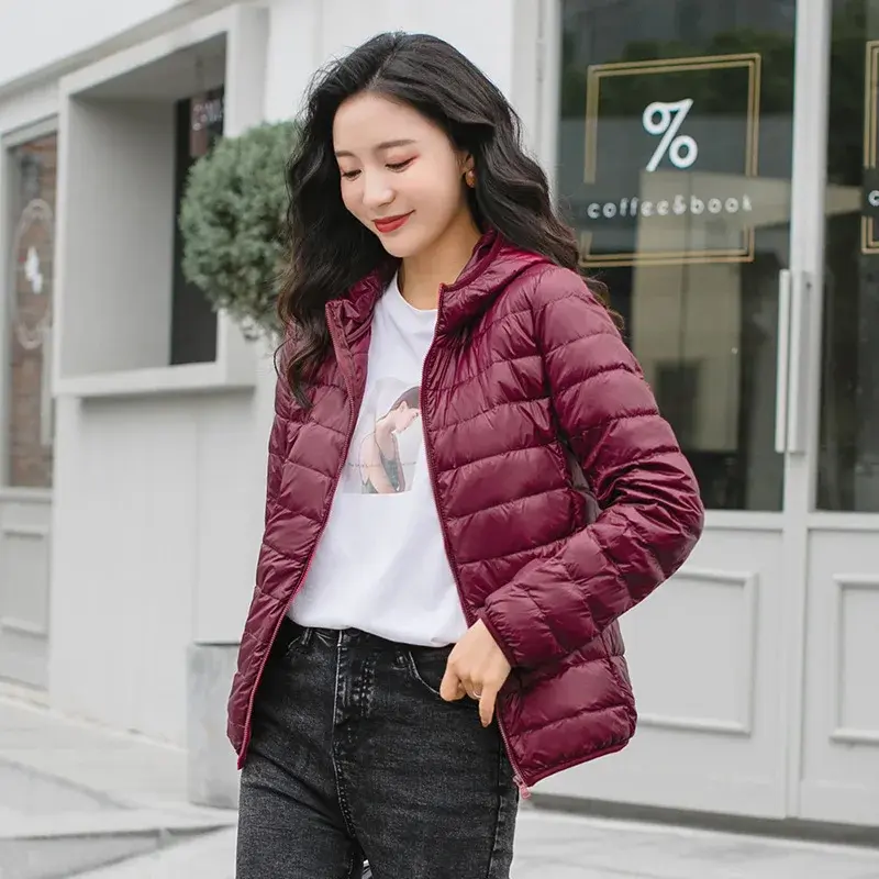 الصورة المصغرة: Winter Women's Light Down Hooded Jacket,Red Blue Khaki Green Available,European 