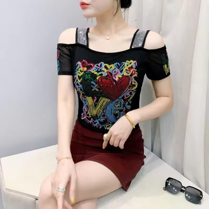 New European Clothes Women's T-shirts Fashion Sexy Off Shoulder Hot Drill Mesh T