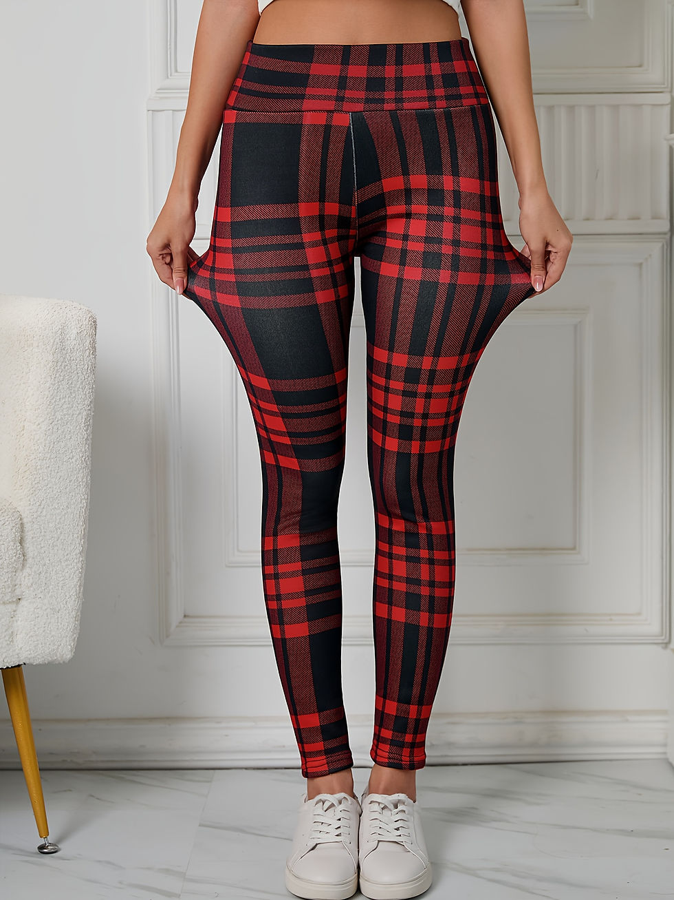 Thumbnail: Women's warm winter fleece pants with high waisted plaid sports leggings, plaid 