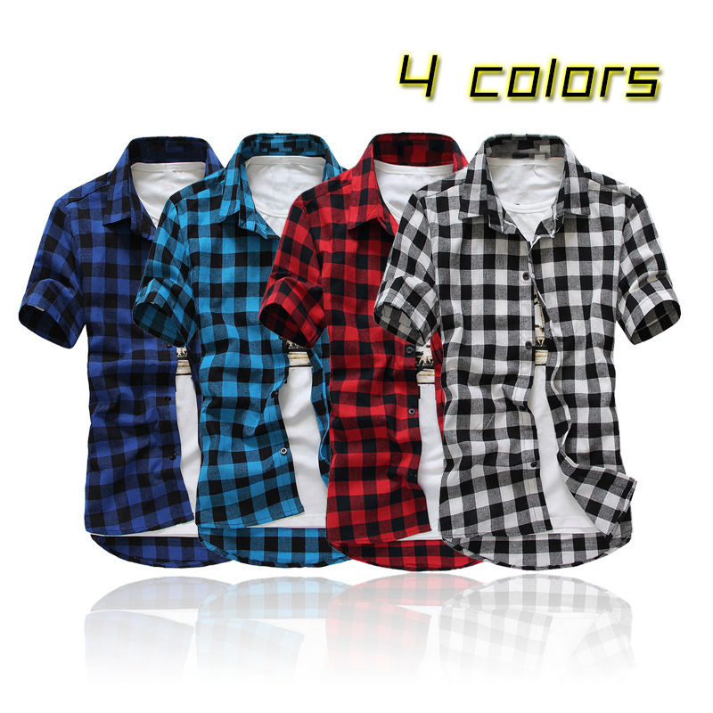 2023 Trendy Plaid Shirt Slim Short-sleeved Shirt Korean Style Youth Men's Casual