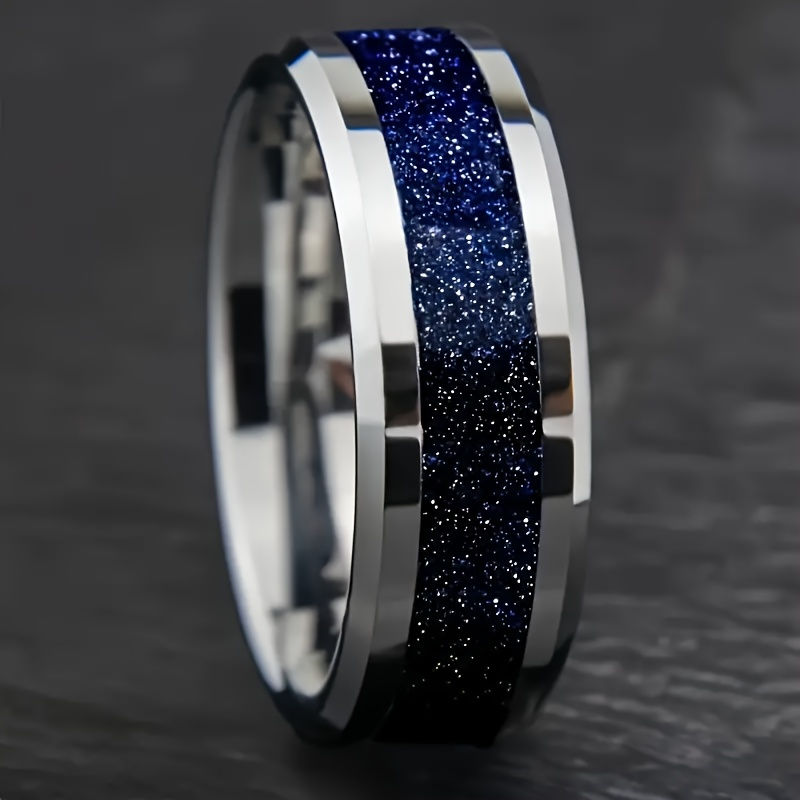 Thumbnail: Tungsten Carbide Ring Wedding Engagement Steel Color Inlaid Lapis Lazuli Tungste