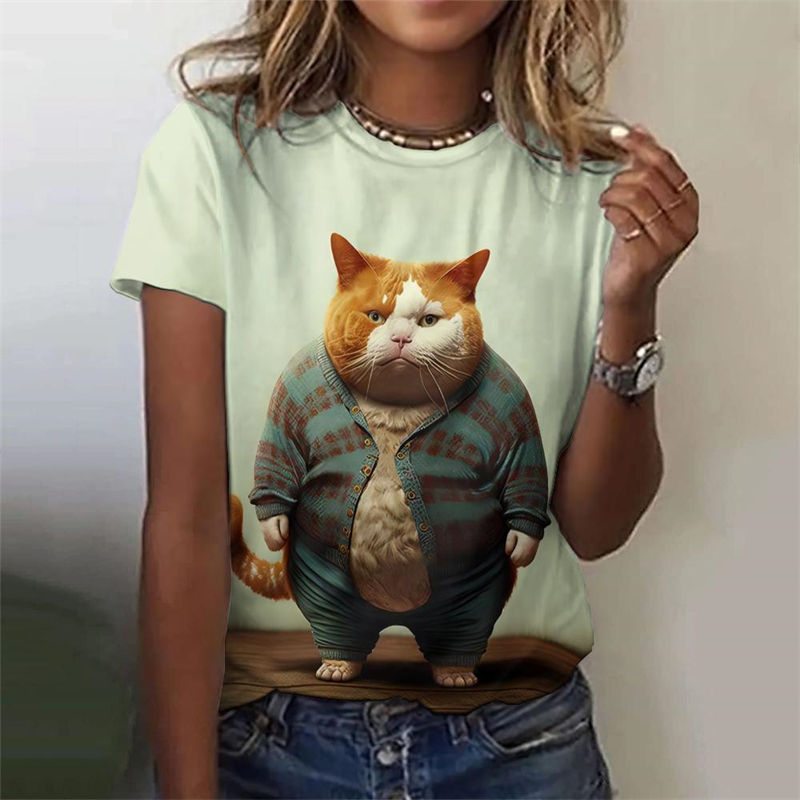 Thumbnail: Summer Cute Animal T-Shirts Funny Fat Cat 3D Print Women Short Sleeves T Shirt Y