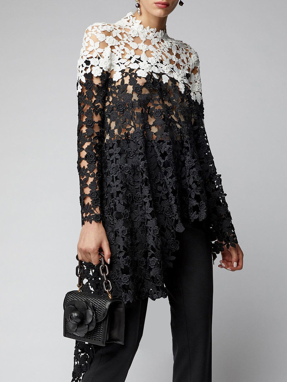 Asymmetrical Top Women Lace Hollow Out Shirt Long Sleeve Irregular Floral Guipur