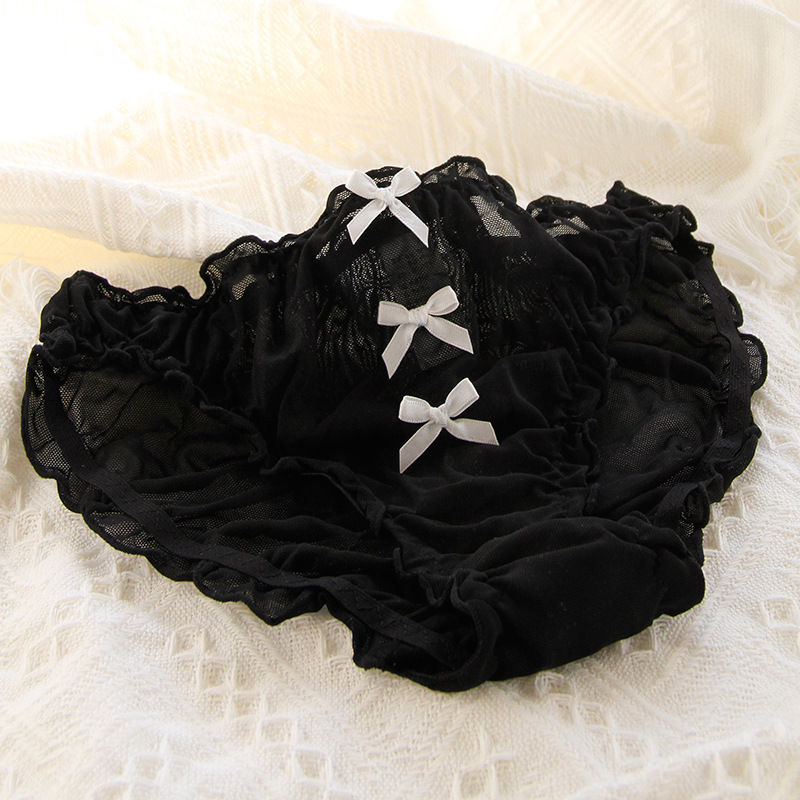 Thumbnail: Lolita Bow Lace Transparent Underpants For Women Mid Waist Black Mesh Ruffle Cot