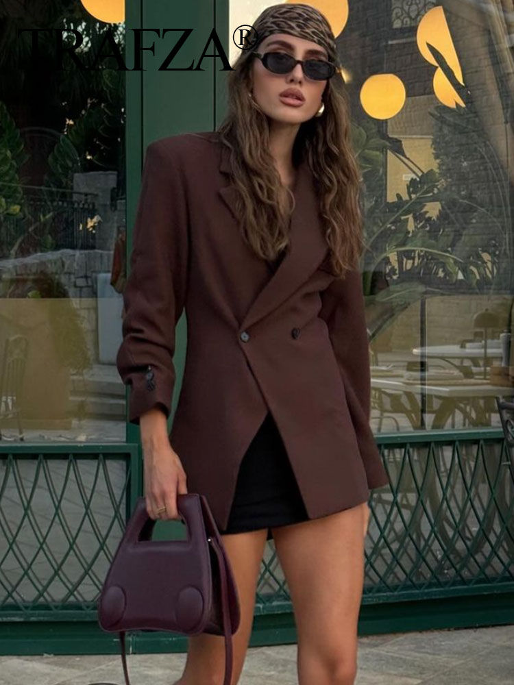 الصورة المصغرة: TRAFZA Women Fashion Solid Blazer Lapel Slim Double Breasted Long Suit Coat Fema