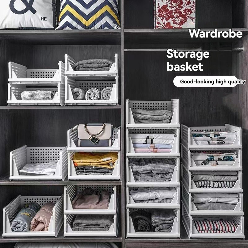 Thumbnail: 2Pcs/Stackable Wardrobe Storage Box Divider Clothes Storage Basket Bedroom Close