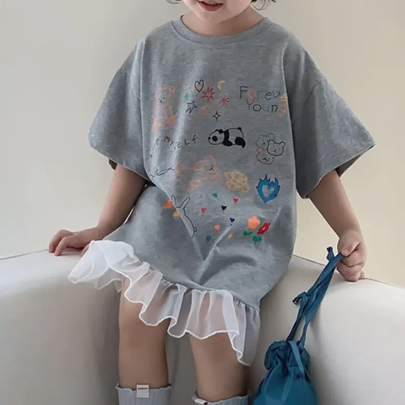 2024 Summer New Girls Short Sleeve Casual Dress Cute Flower Print Children Long