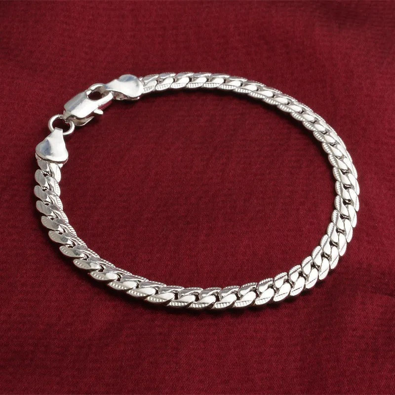 الصورة المصغرة: 925 Sterling Silver Bracelet 6mm 18cm Flat Side Chain Lobster Clasp For Woman Ma