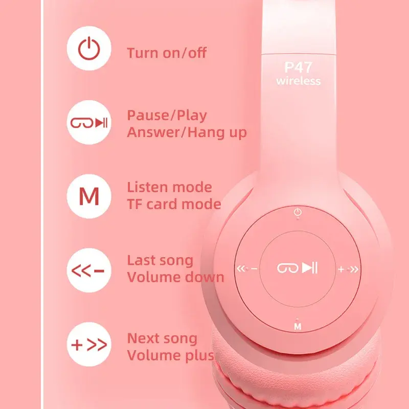 Thumbnail: P47M Wireless Headphone Flash Light Cute Cat Ears Fone with Mic Control LED Ster