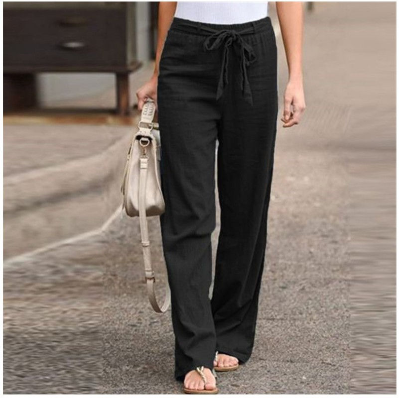 Thumbnail: Women Cotton Linen Pants Solid Color Elastic Loose Drawstring Wide-Leg High Wais