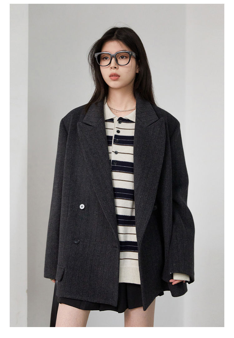 الصورة المصغرة: CHIC VEN Women Woolen Blazer Loose Vintage V Neck Female Jacket Suit Double Brea