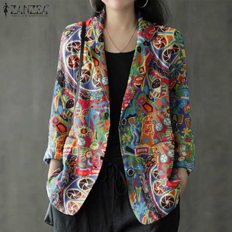 الصورة المصغرة: 2024 ZANZEA Autumn Vintage Long Sleeve Printed Coats Female Thin Tops Women Blaz