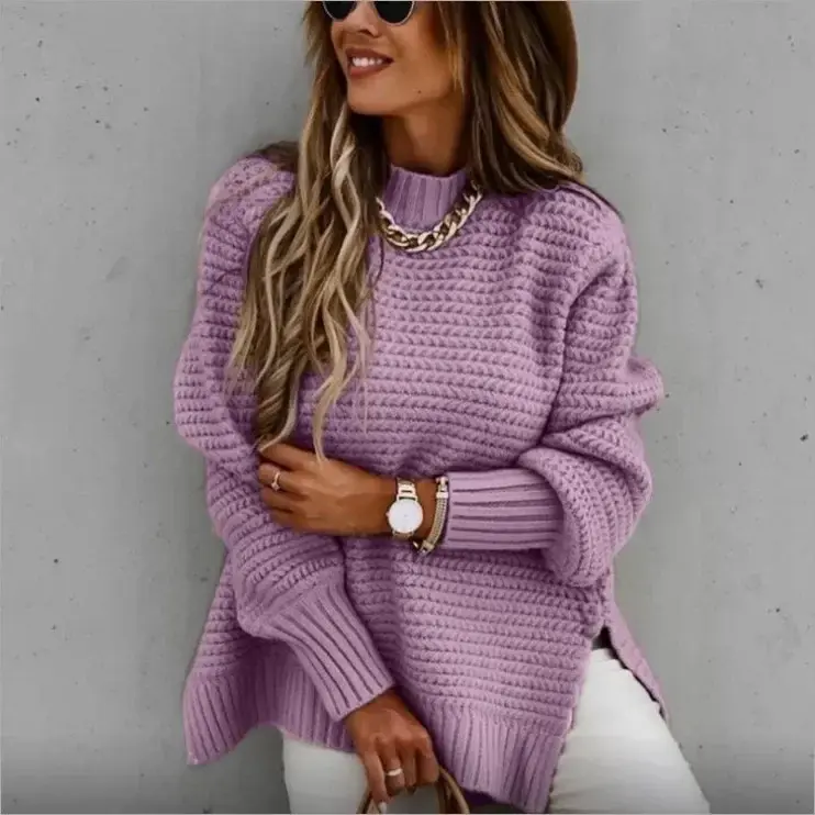 الصورة المصغرة: Knit Sweaters Women Half High Collar Full Sleeve Thick Splice Jumpers Solid Casu