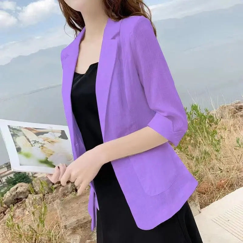الصورة المصغرة: Women Cotton Linen Blazer 2024 New Summer Short Suit Jacket Korean Casual Summer