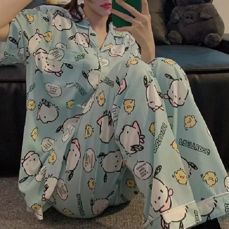 Sweet Cartoon Pachat Dog Summer Sleepwear Short Sleeve Long Pants Ladies Open Ca