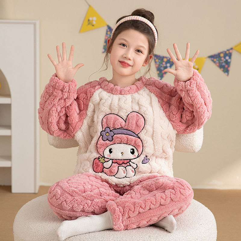Thumbnail: 2Pcs Kawaii Kuromi Hello Kitty Childrenplush Pajamas Anime Sanrios Flannel Autum