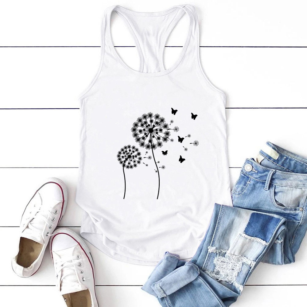 Seeyoushy Dandelion Butterflies Printed Tank Top Women Sleeveless Graphic Tops A