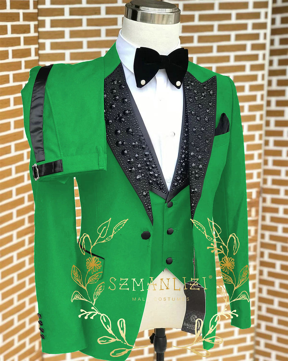 Thumbnail: Black Men Suits Luxury Stone Crystal Tuxedos Bespoke Groom Wear 3 Pieces Busines