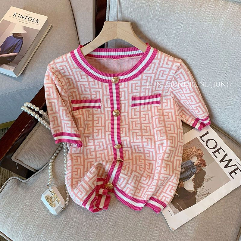 Ladies Fashionable Buttons Patchwork O-neck Short Sleeve T-Shirts Summer Women C