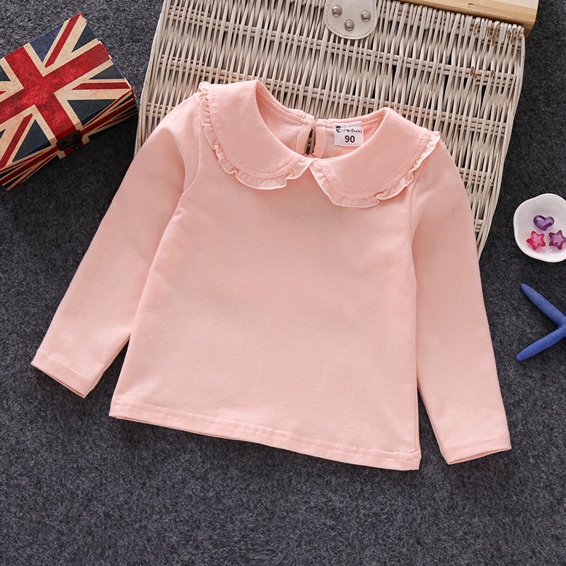 الصورة المصغرة: Fall Spring Little Girls Shirts Cotton Lace White Long Sleeve Child T-shirt Girl
