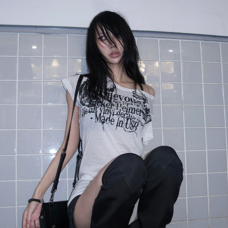الصورة المصغرة: Karrram Japanese Y2k Letter Print T-shirt Trashy 2000s Style Tattoo T Shirt Vint