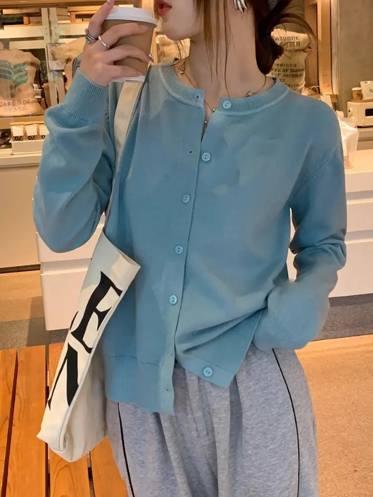 الصورة المصغرة: 2025 Cardigans Sweater Casual Warm Spring Summer Women O-neck Long Sleeve Single