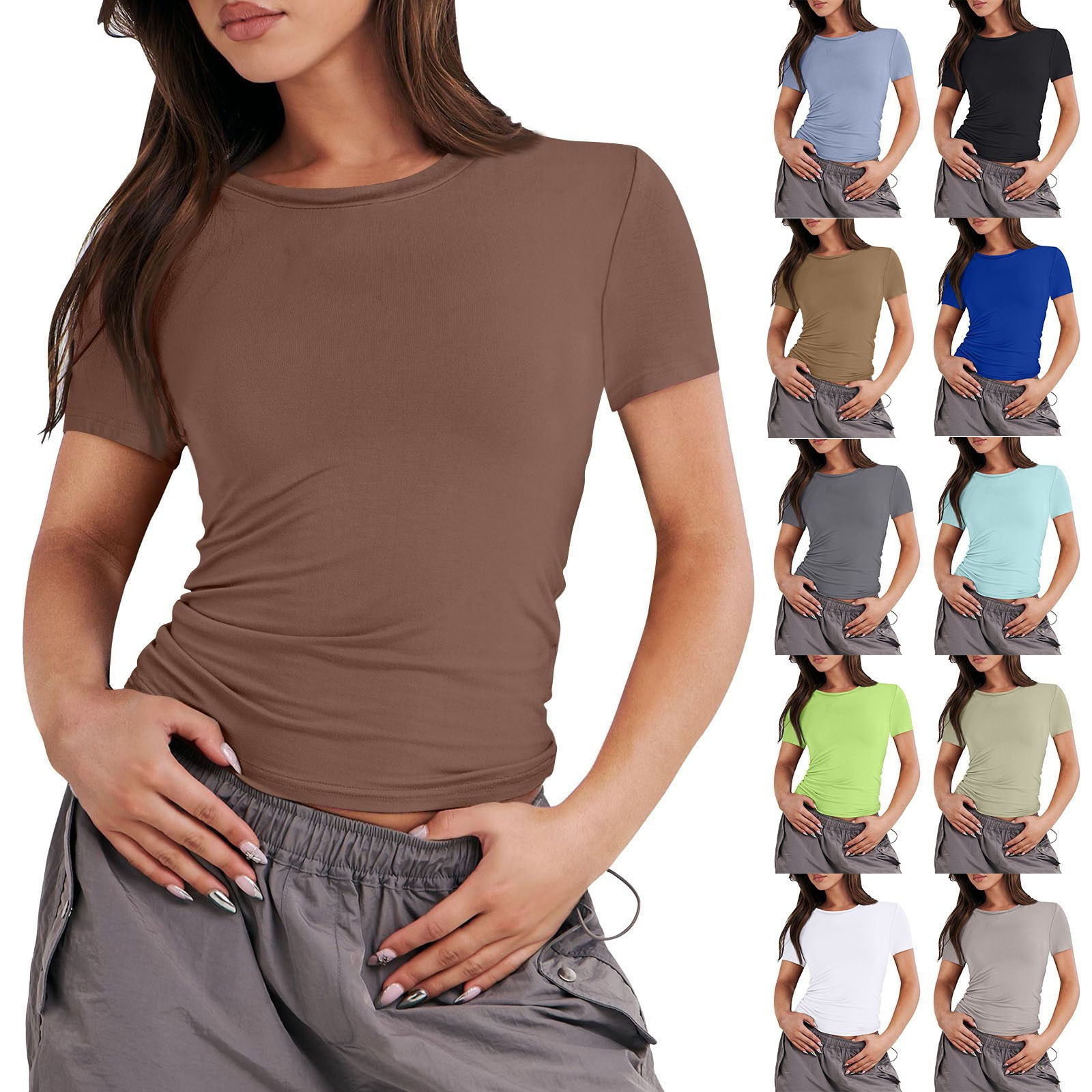Women Short Sleeve Soild Sexy Cute Tee Slim Fit Tight Crop-Top T Shirt Tops for