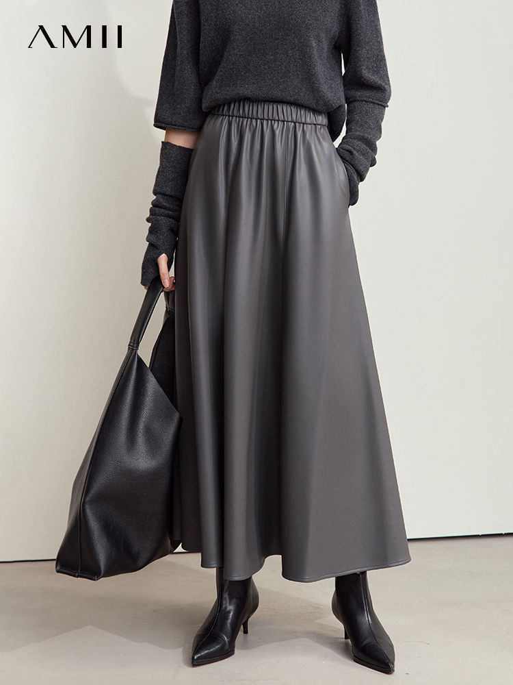AMII Minimalist Commuter Chic Skirt for Women 2024 Winter PU Elastic Waist Leath