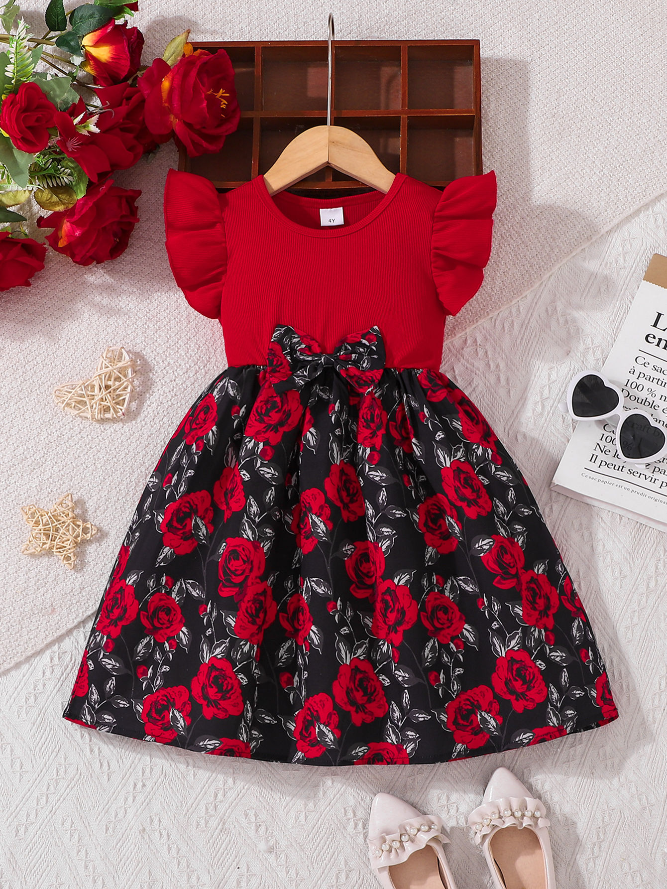 Girls Casual Summer Rose Floral Print Puffy Sleeve Dress Children's Clothing Eth
