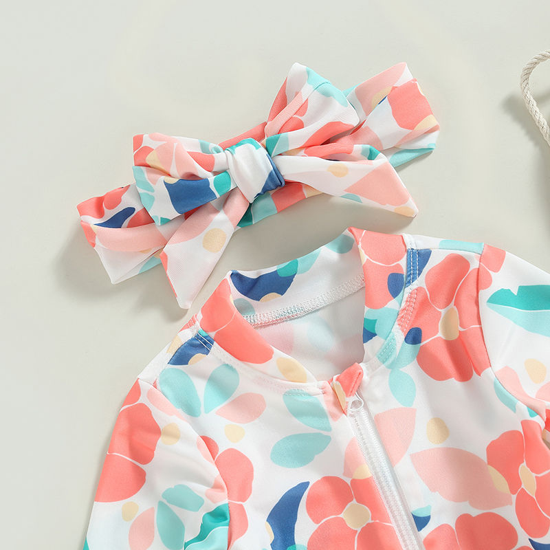 الصورة المصغرة: Toddler Girls Summer Swimsuit Long Sleeve Floral Print Swimwear Kids Bathing wit