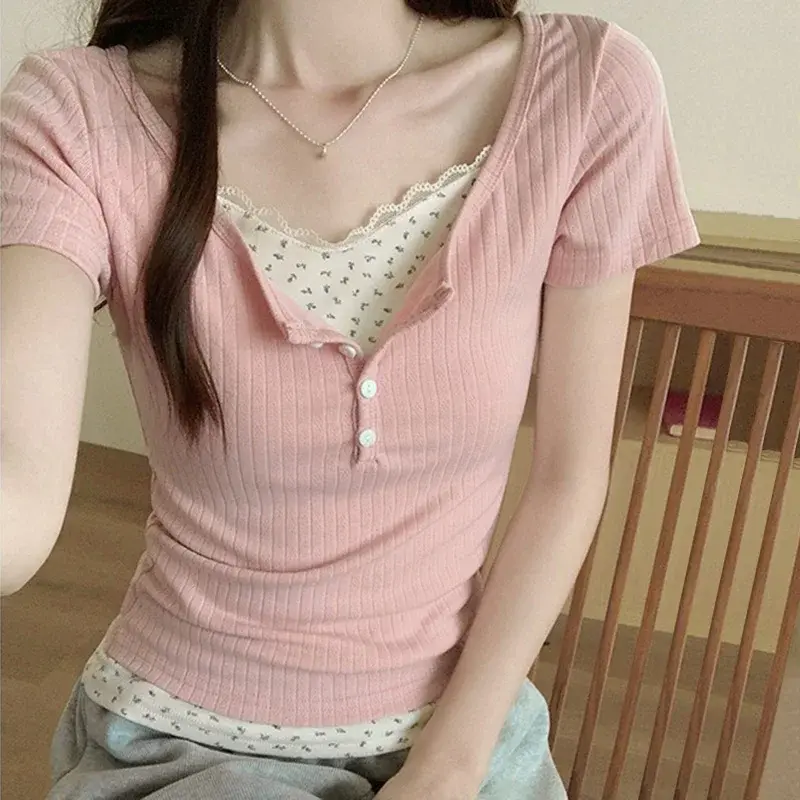 Women Soft Floral Lace Summer Blouse Lady Sweet Button Slim Fit 2024 Spliced Top