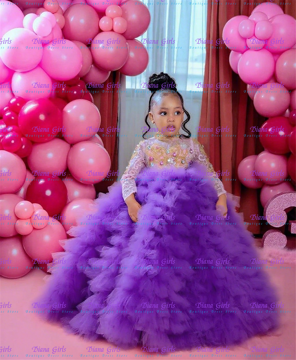 الصورة المصغرة: Layered Flower Girl Dress Elegant  Tulle Gem Sequin Long Sleeve Fluffy Princess 