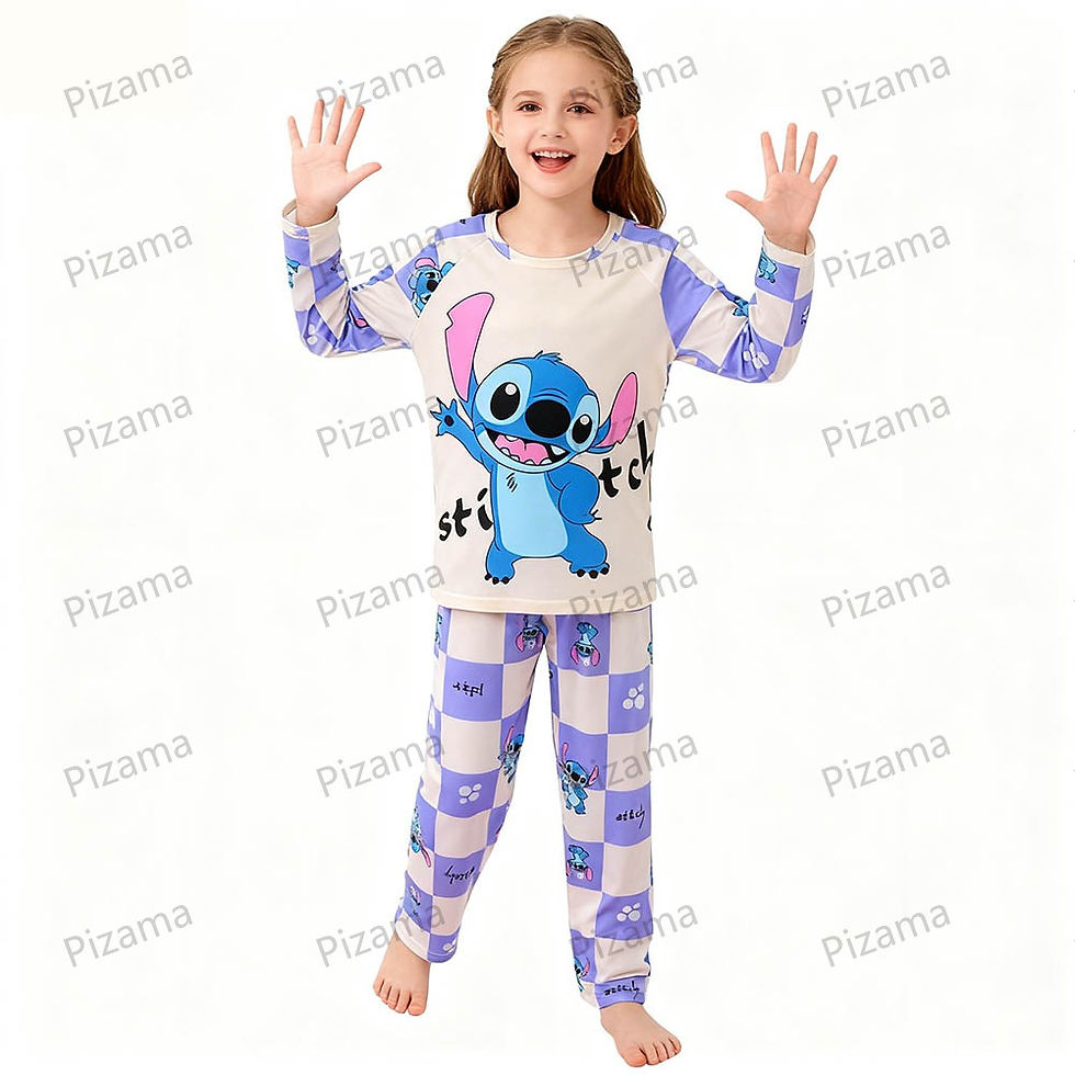 الصورة المصغرة: Kids' Long - Sleeve Stitch Themed Pajama Set in Pink, Comfortable Loungewear Chi