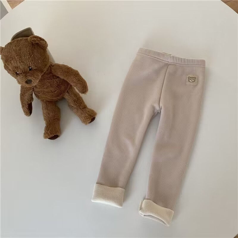 الصورة المصغرة: Fleece Lined Leggings for Girls Winter Warm Bear Patch Elastic Pants Soft 1-6Y K