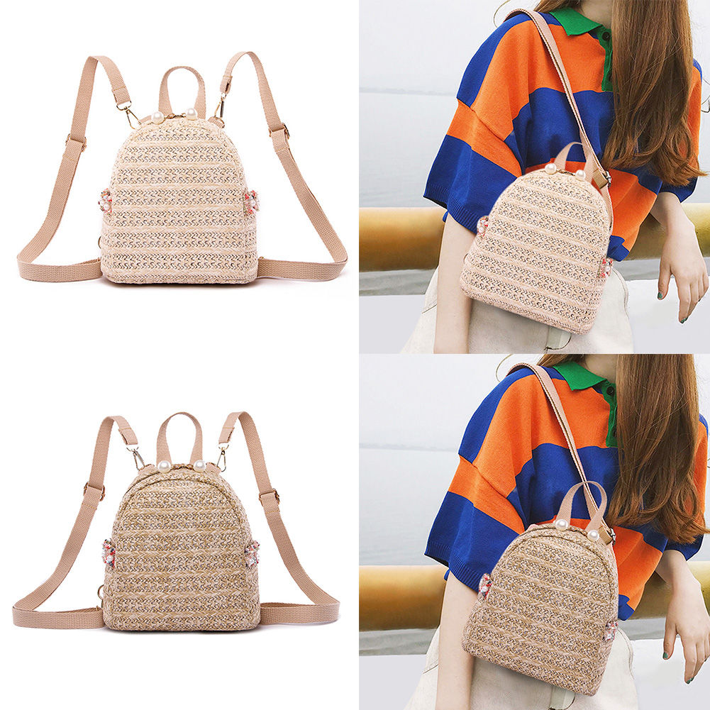 Women Straw Laptop Backpack Large Capacity School Bookbag Adjustable Strap Casua