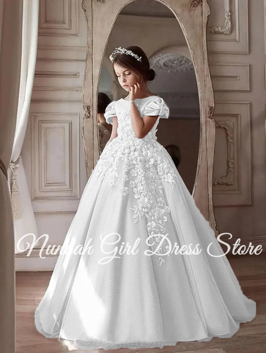 الصورة المصغرة: Pink Flower Girl Dresses for Wedding 3D Floral Appliques Elegant Girl Kids Birth