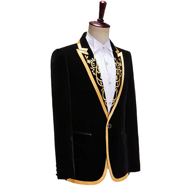 الصورة المصغرة: New Men High Quality Golden Velvet Embroidered Suit Slim Fit Jacket Fashion Homm
