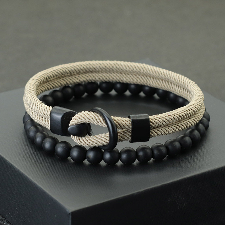 Noter New 2Pcs/Set Men Bracelet Set Double Layer Rope Nautical Braslet 6mm Black