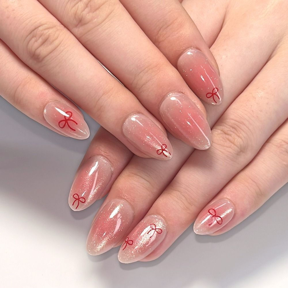 24Pcs Sweet Pink Almond Fake Nails Stiletto Pink Bowknot French Cute Pearl Bows