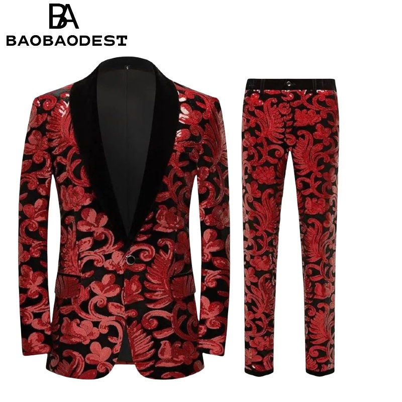 Men's Floral Sequin 2-Piece Suit Set - Fashionable Sparkling Tuxedo Blazer & Pan