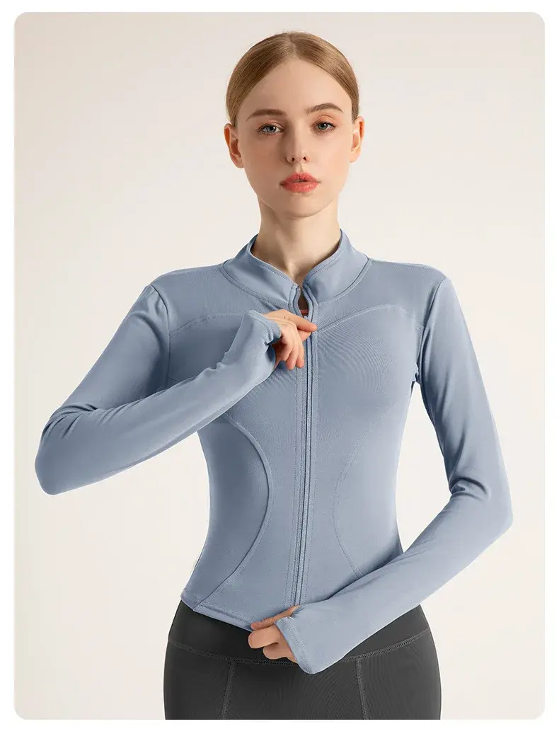الصورة المصغرة: Women Zipper Tracksuit Jacket Slim Fit Long Sleeve Fitness Running Jacket Solid 